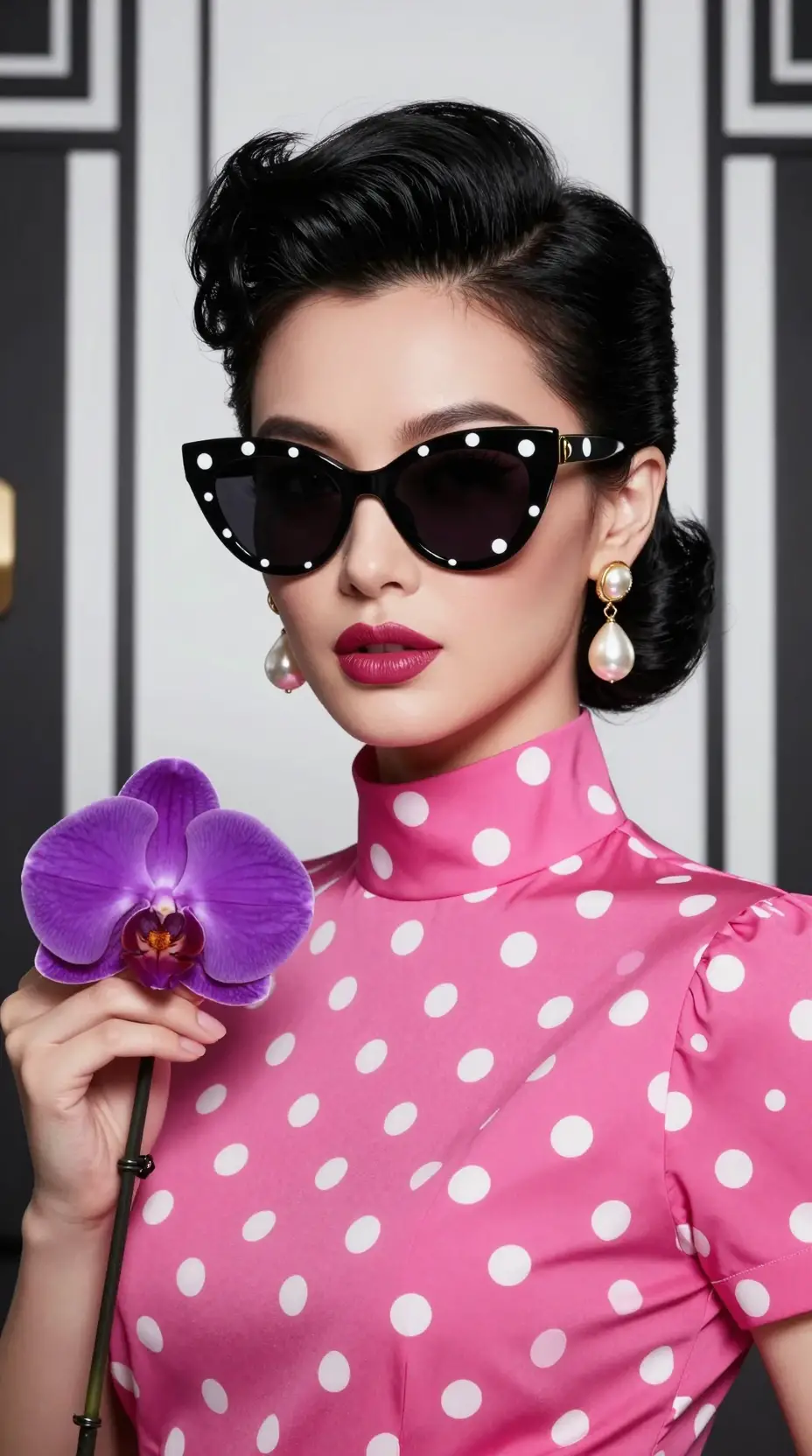 Stylish woman in polka dot fashion with orchid flower