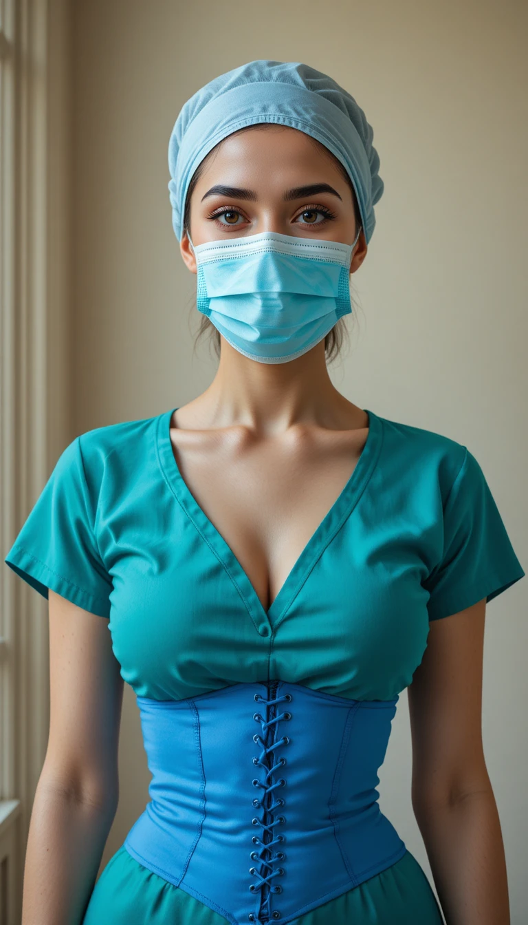 Young woman in medical scrubs with mask and corset