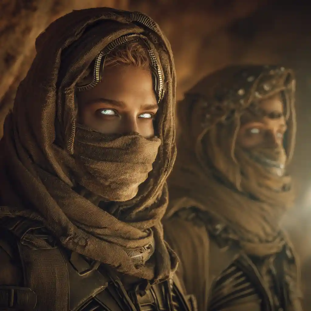 Fremen woman in stillsuit standing on endless desert dunes