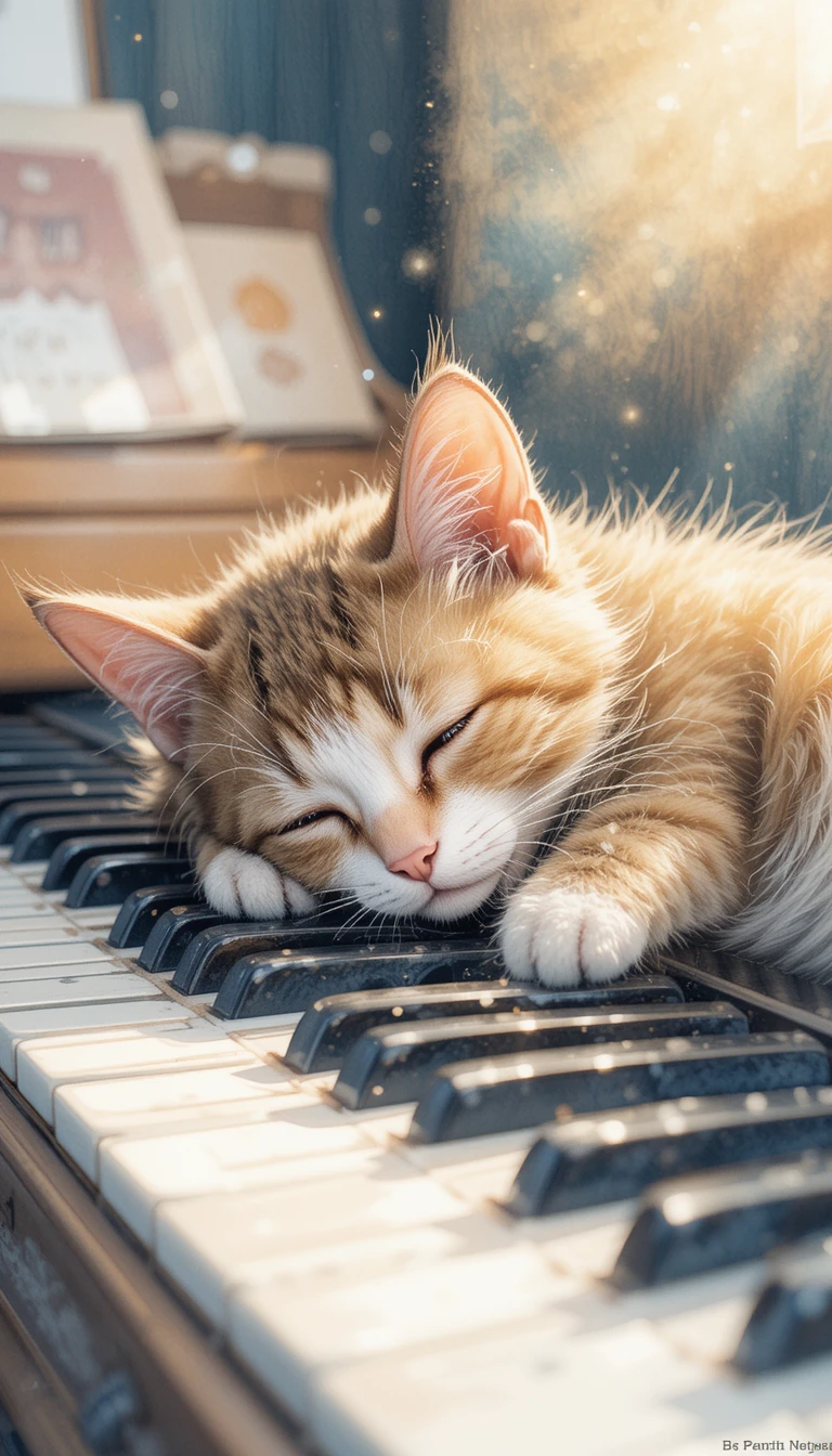 Sleeping tabby cat on piano keys in soft watercolor