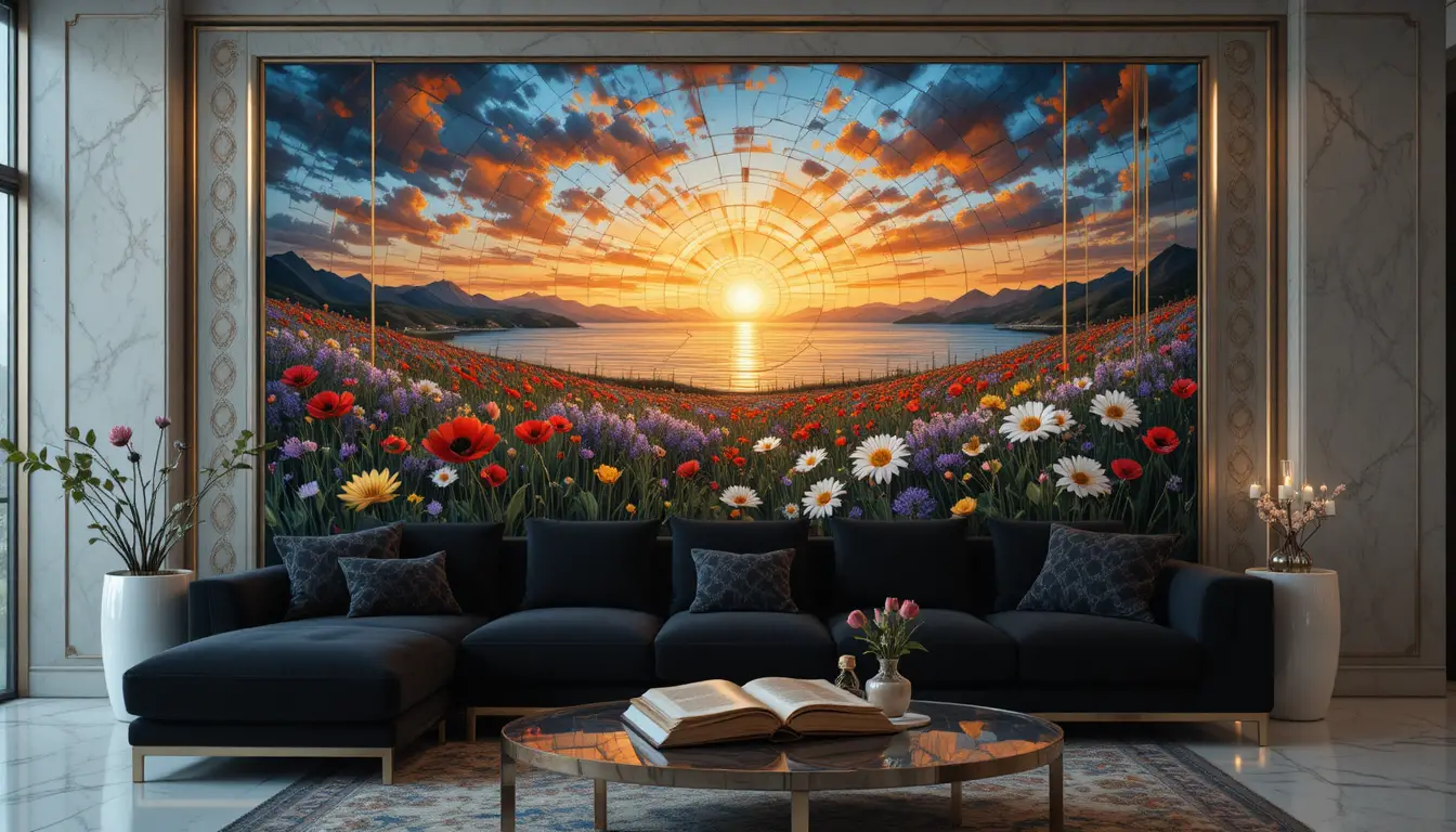 Salon moderne avec mur surréaliste en vitrail lumineux
