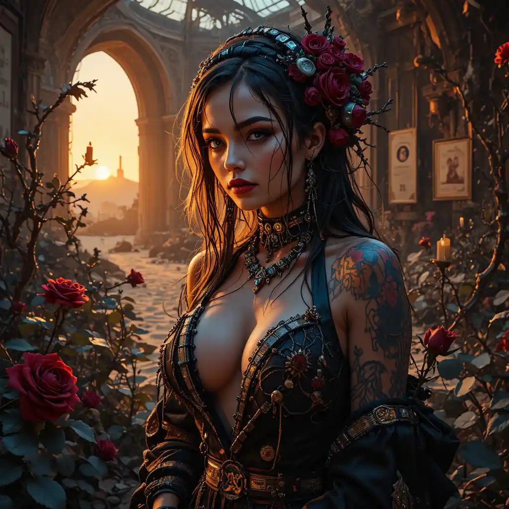 Tattooed woman rising from black roses in surreal temple
