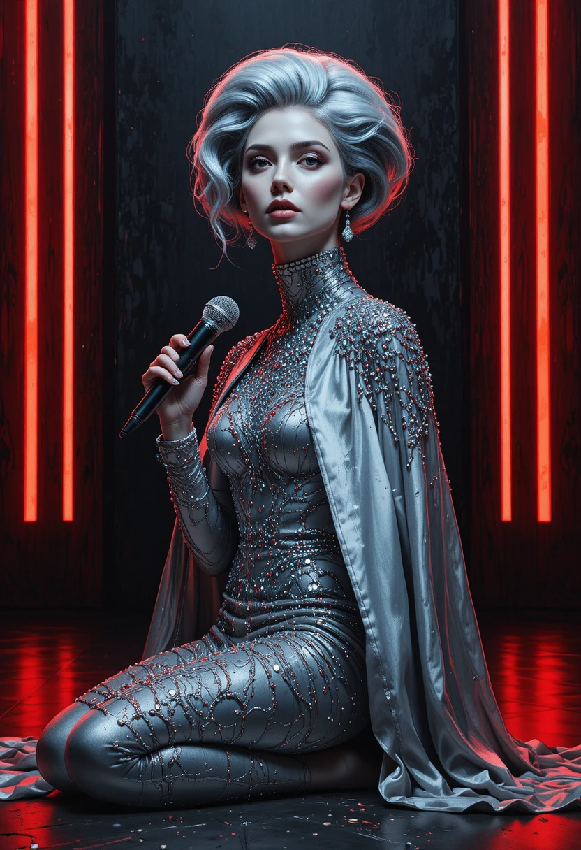 Silver cloaked performer on stage under dramatic red lights