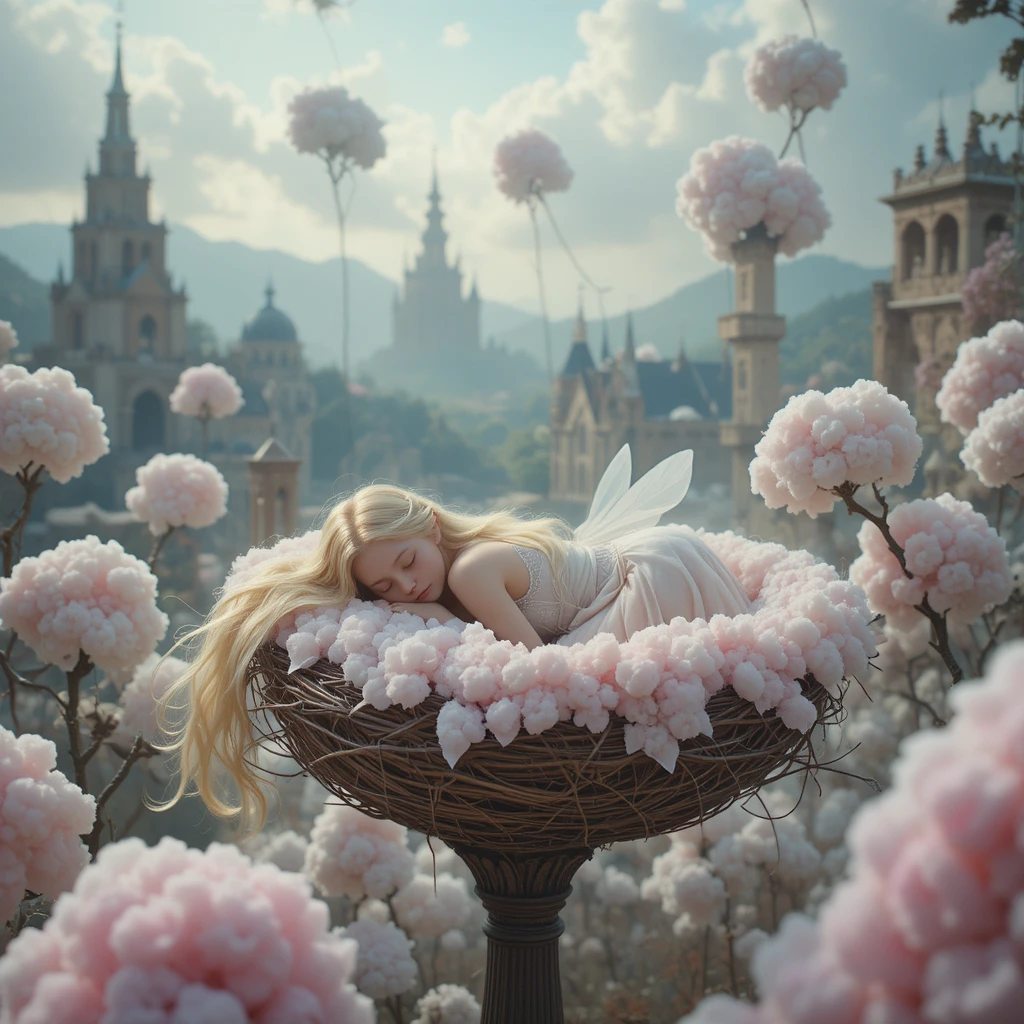 Fairy Sleeping On A Cotton Candy Nest In Surreal Landscape