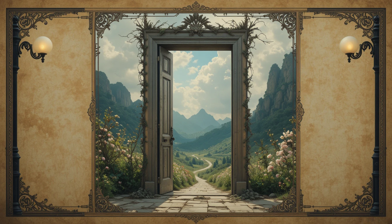 Surreal doorway dividing barren wasteland and lush paradise