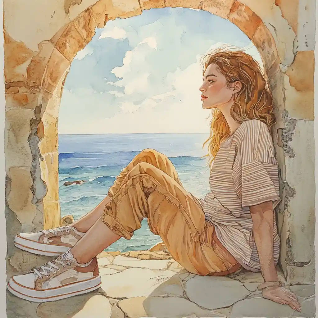 Dreamy woman in an archway overlooking a seascape