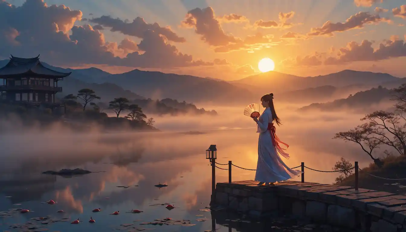 Sunrise over misty mountains reflected on a tranquil lake