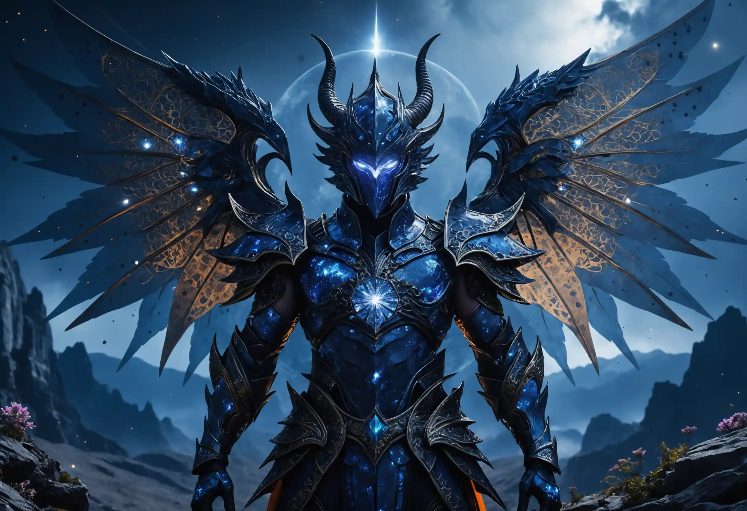 Celestial horned warrior with radiant star core and wings
