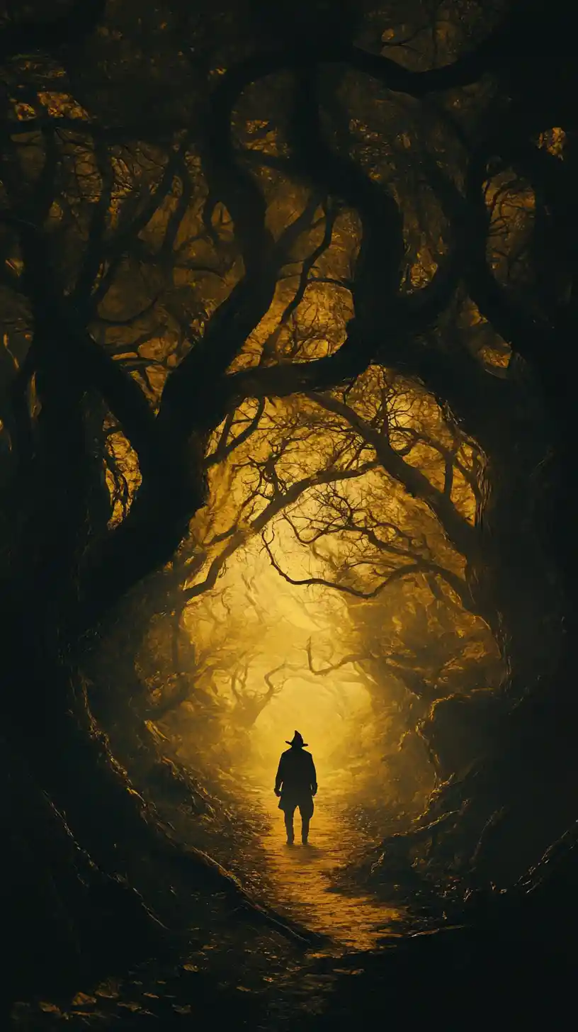 Silhouetted figure at the edge of a mystical twilight forest