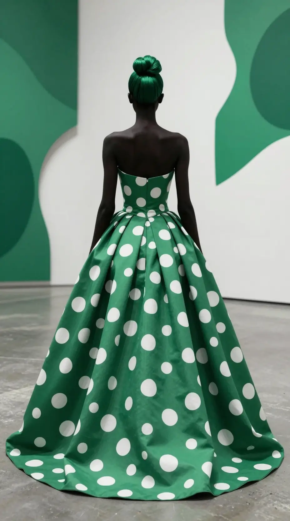 Abstract fashion silhouette in green polka dot gown