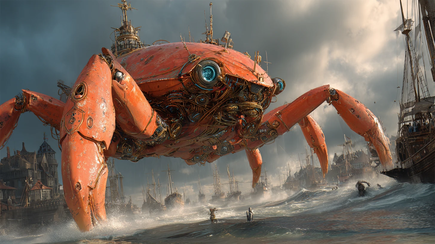 Giant Cyborg Crab Attacks Stormy Coastal Village Harbor