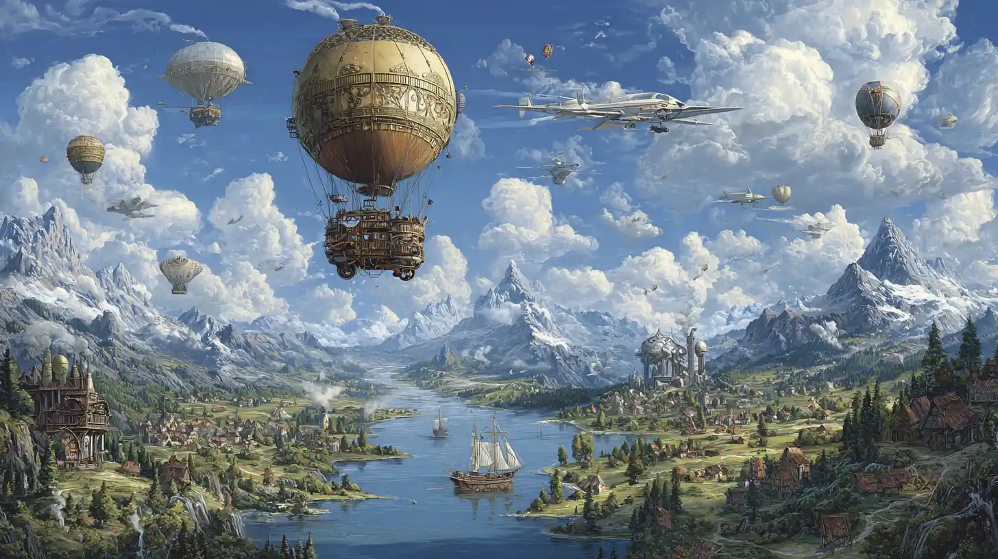 Colorati dirigibili steampunk sopra un pittoresco valle fluviale