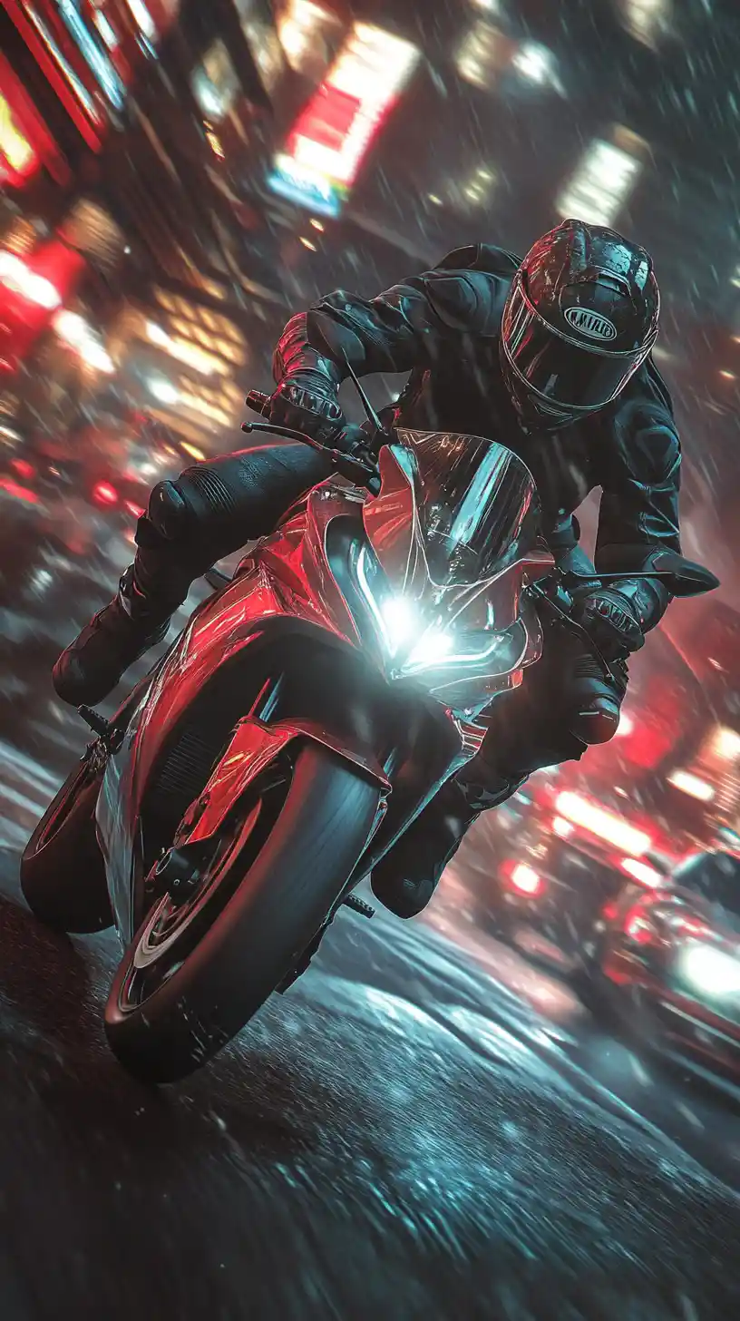 Motorcyclist speeding through city street at glowing night