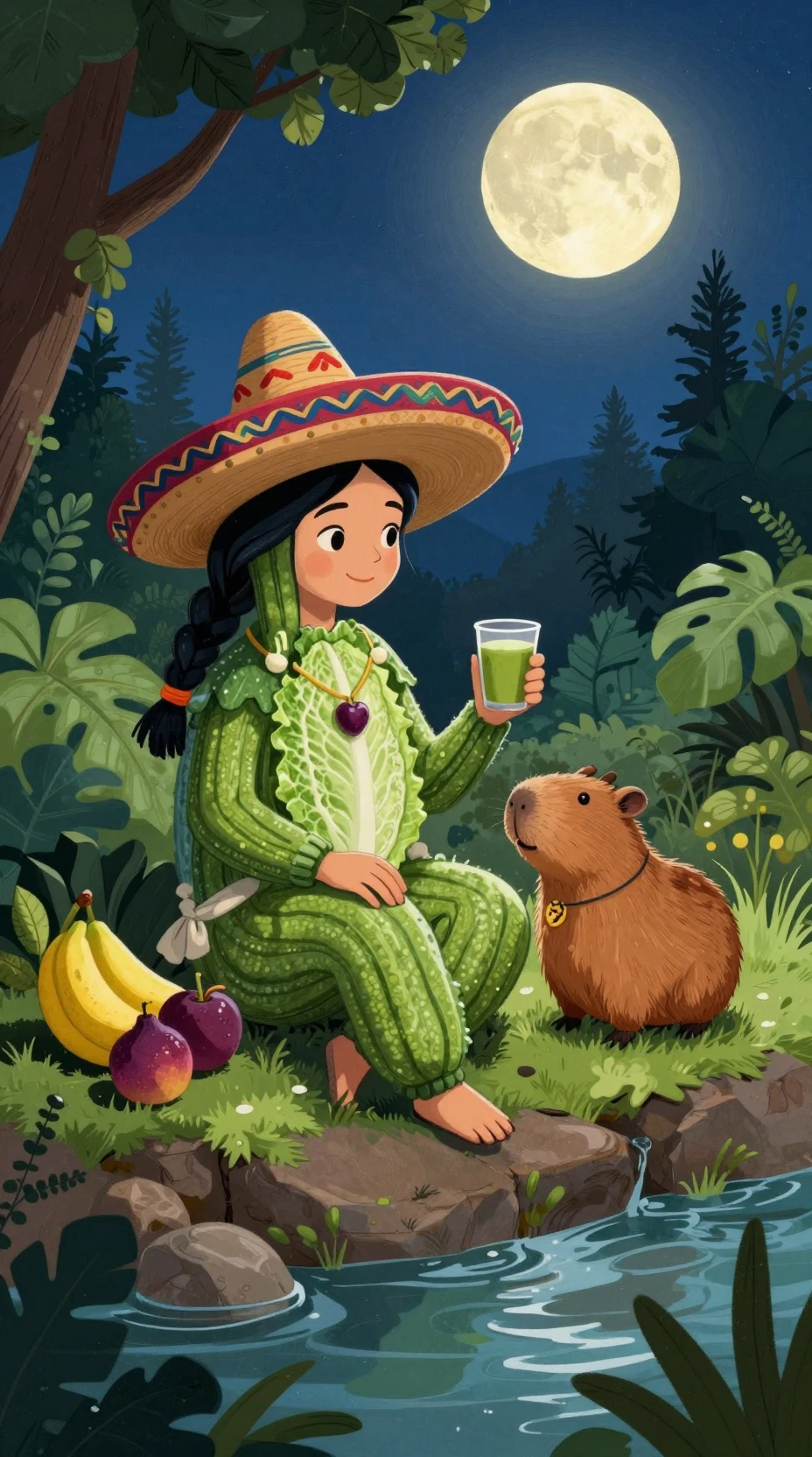 Playful cucumber with sombrero talking to a rabbit