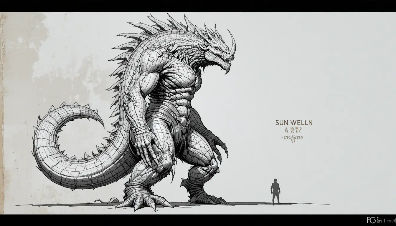 Mythical armored creature in dynamic black and white drawing