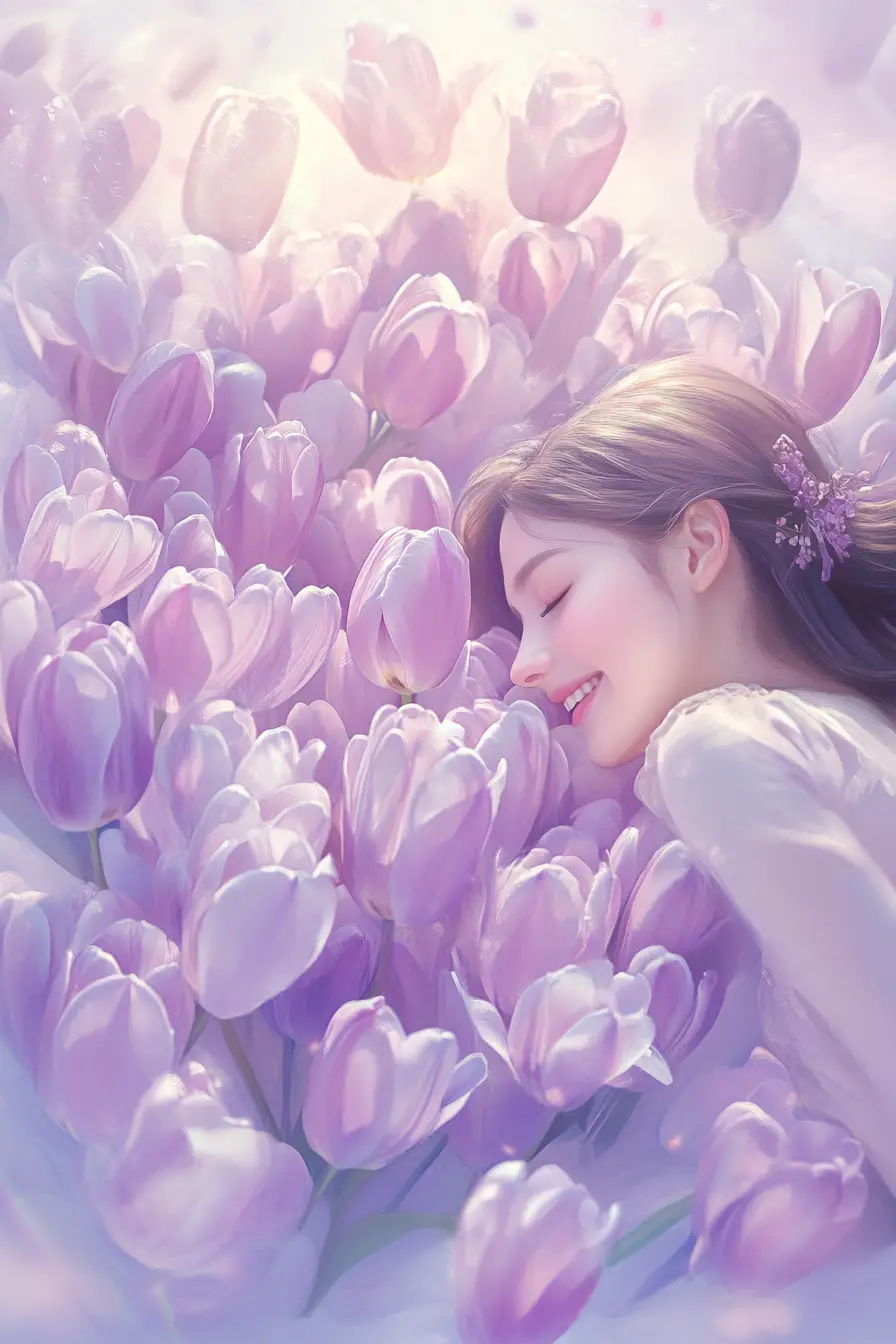 Pastel heart of lilac tulips with joyful young woman