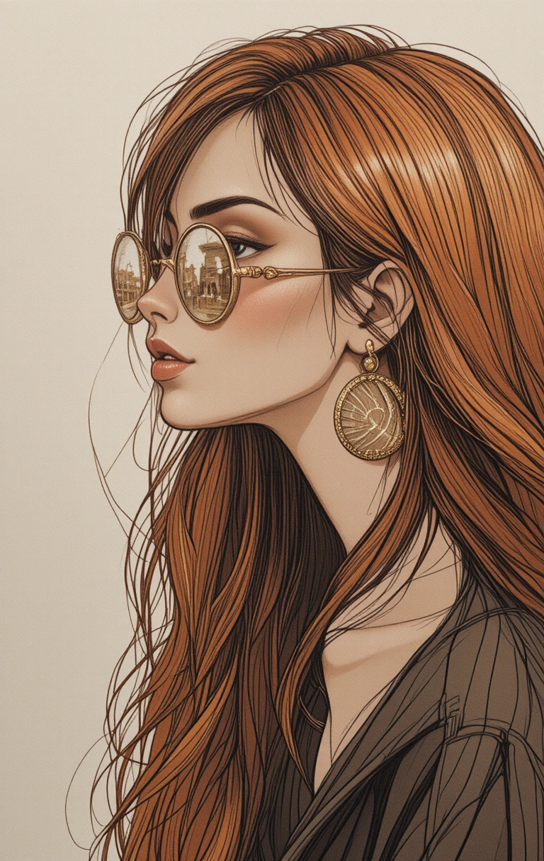 Elegant fashion profile illustration of woman in gold sunglasses