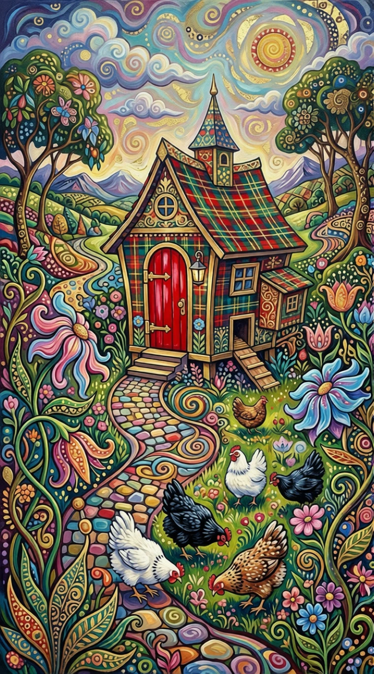Surreal chicken coop with tartan walls in a lush garden