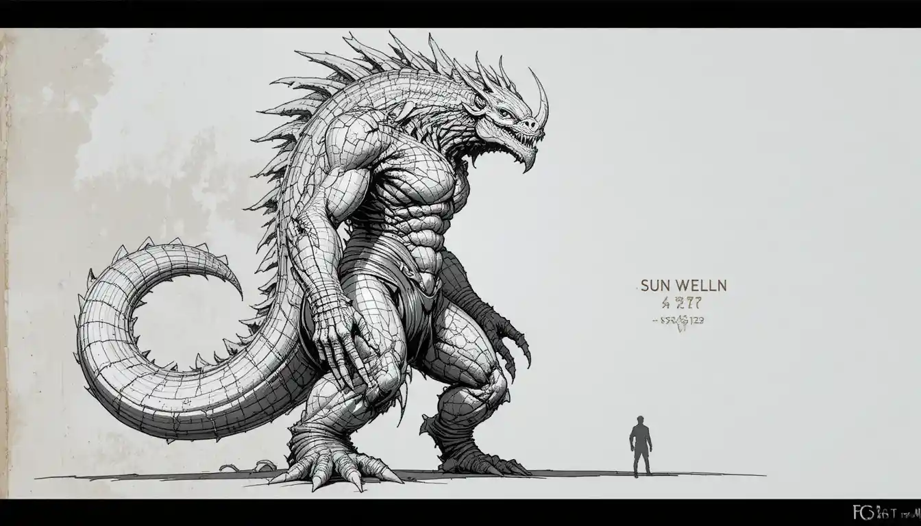 Mythical armored creature in dynamic black and white drawing