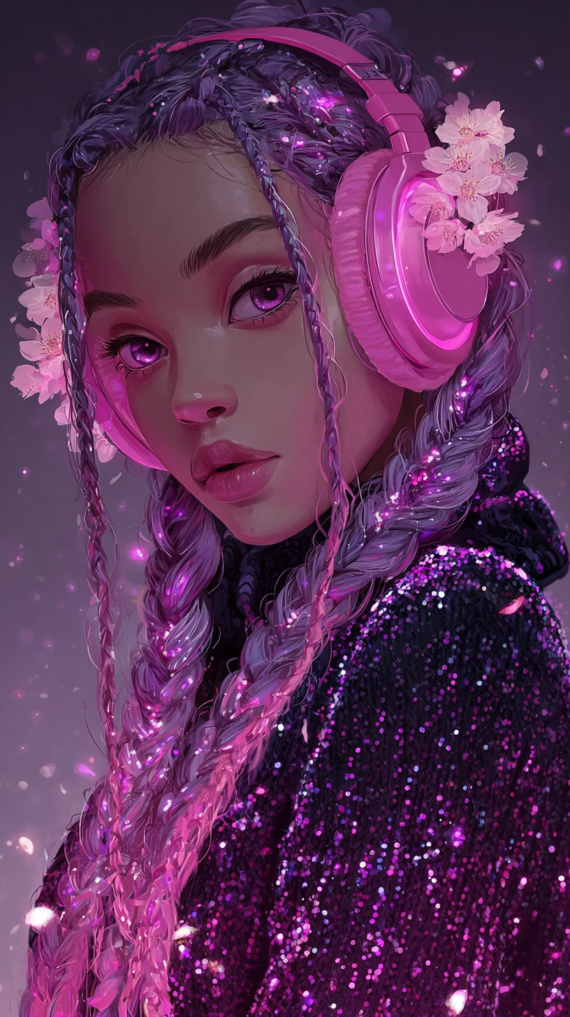 Chica de anime de pelo morado con auriculares y trenza cósmica