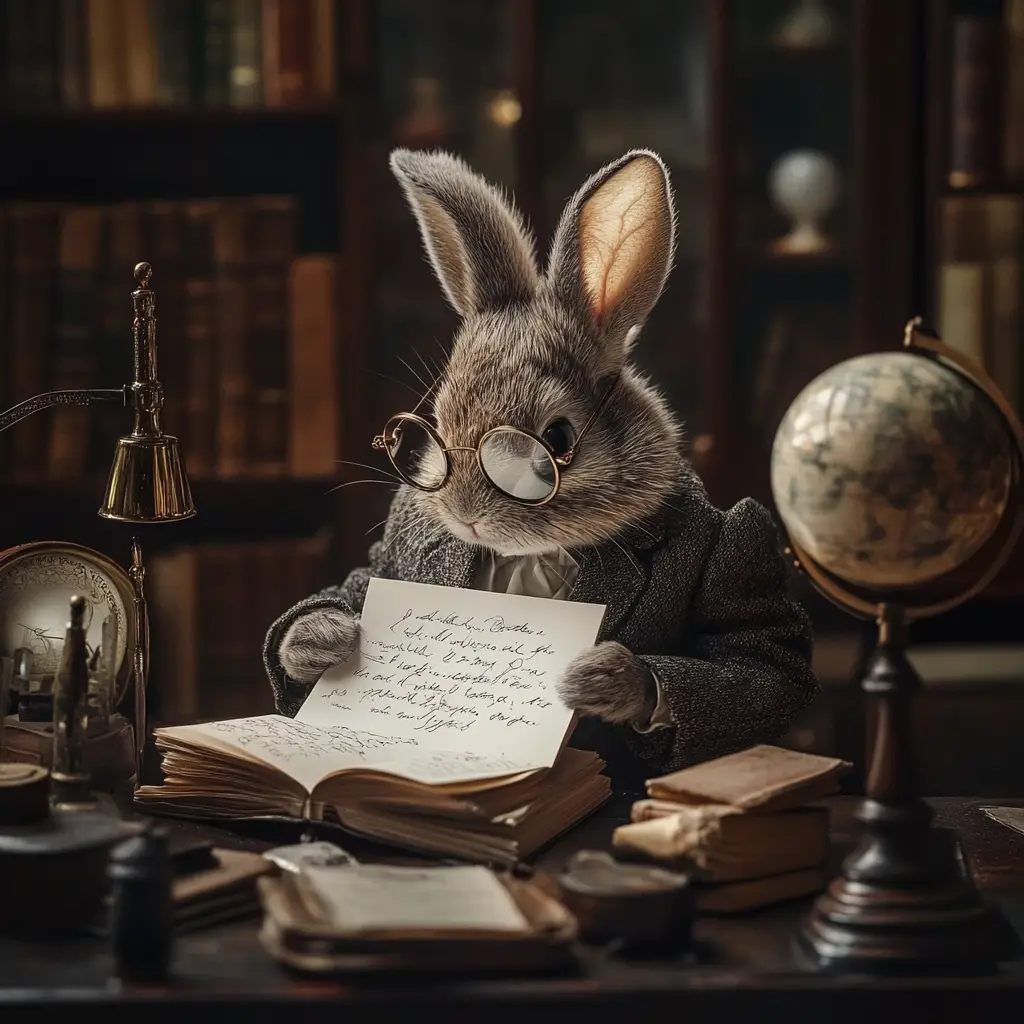 Elegant rabbit in a tiny suit writing by candlelight