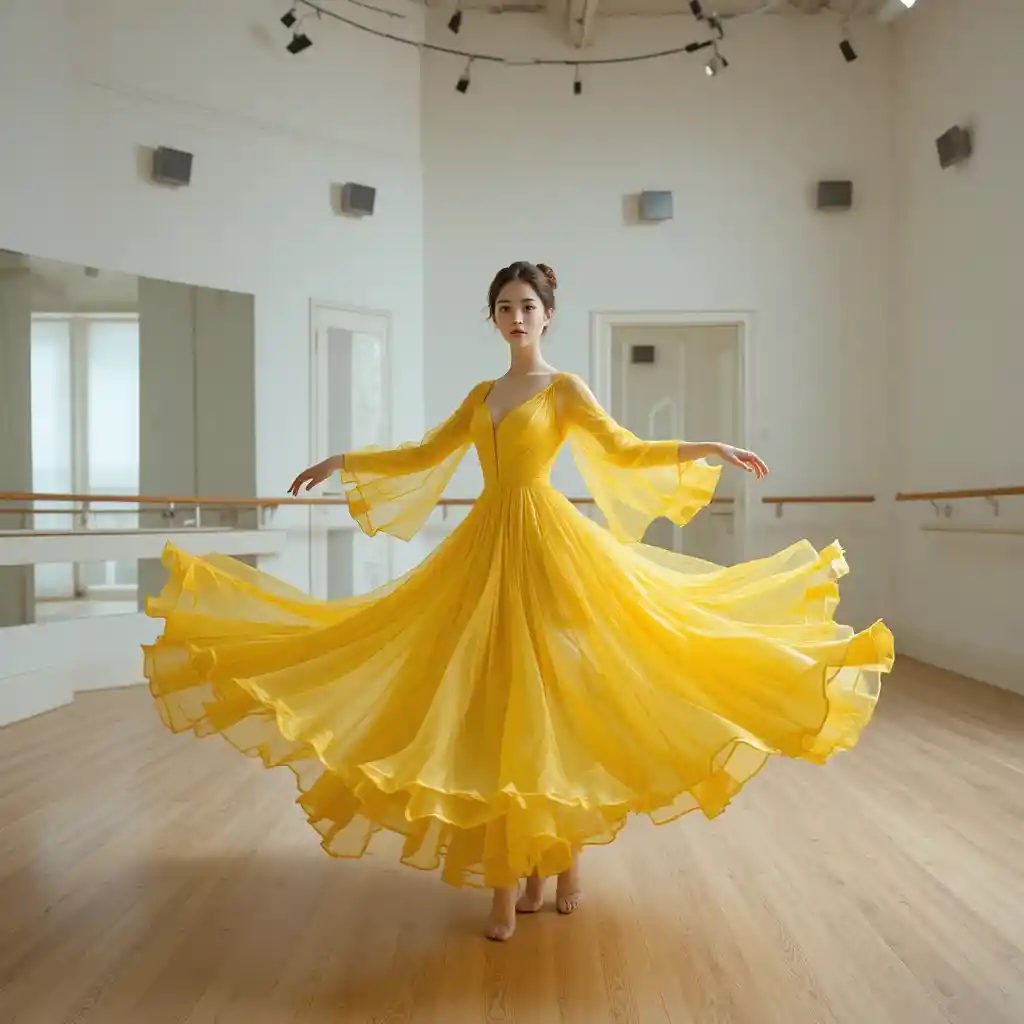Bailarina coreana rodopiando em vestido estruturado de organza amarela