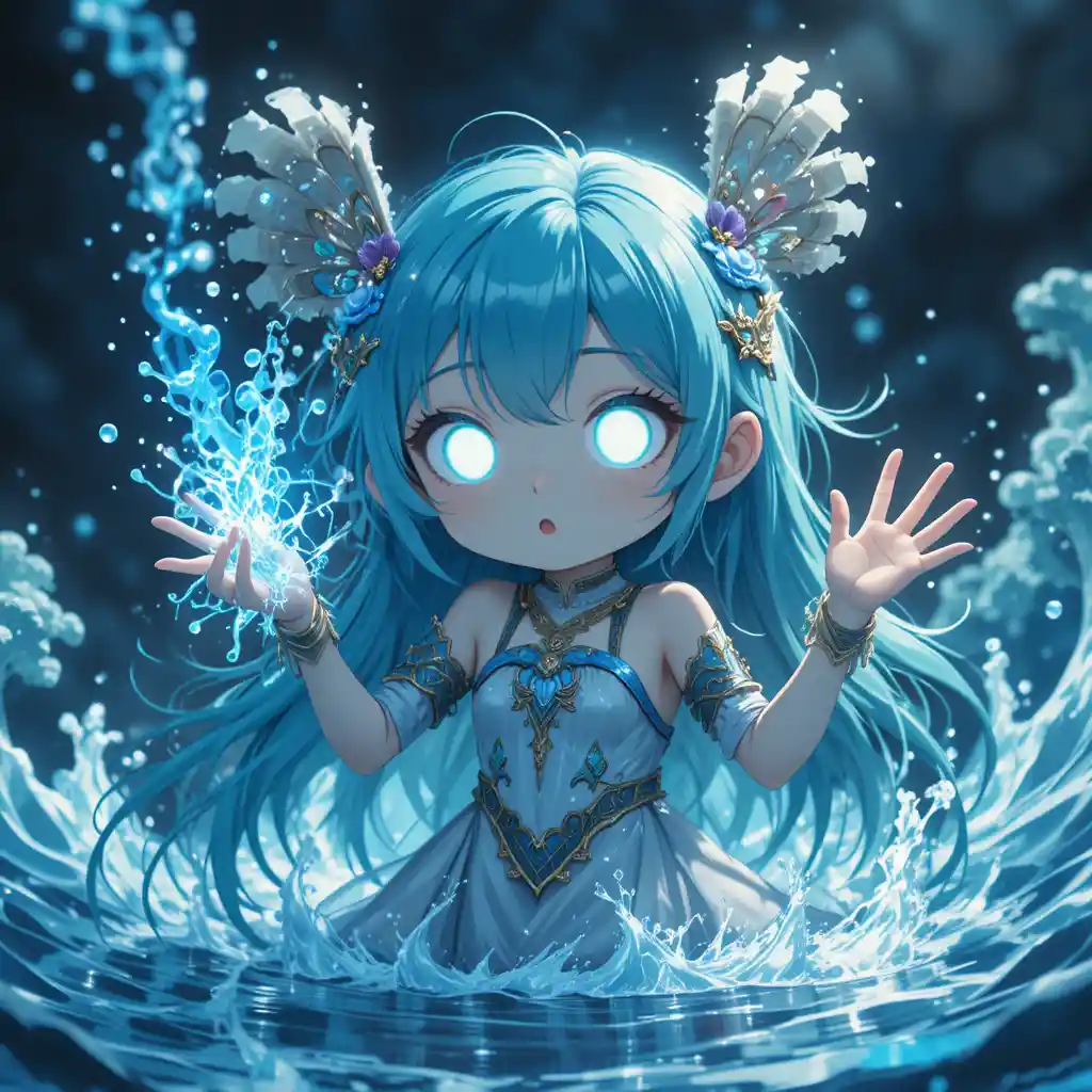 Anime water mage girl floating in a mystical ocean