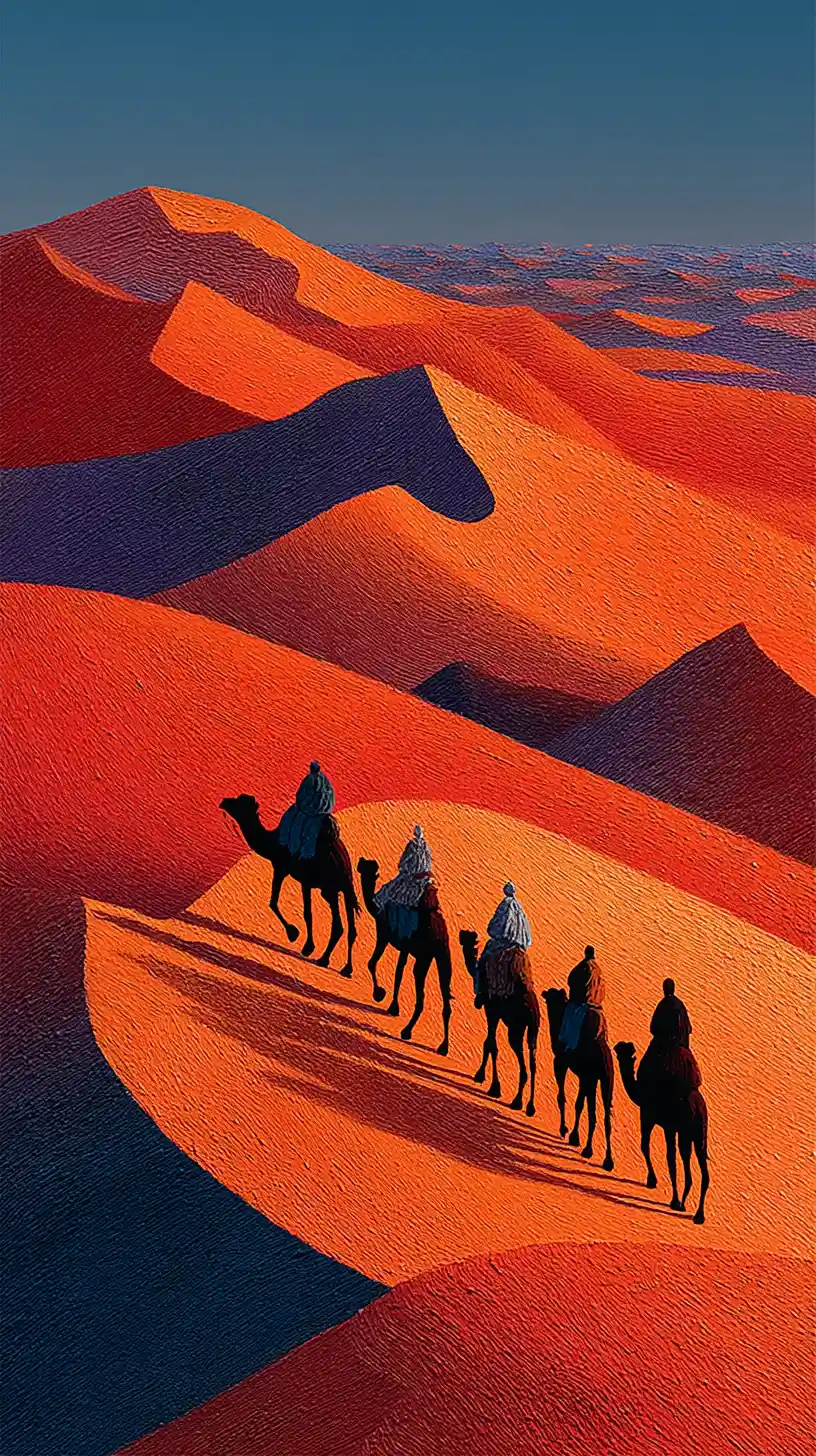 Tuareg-Karawane mit Kamelen über sonnenbeschienene Sanddünen der Sahara