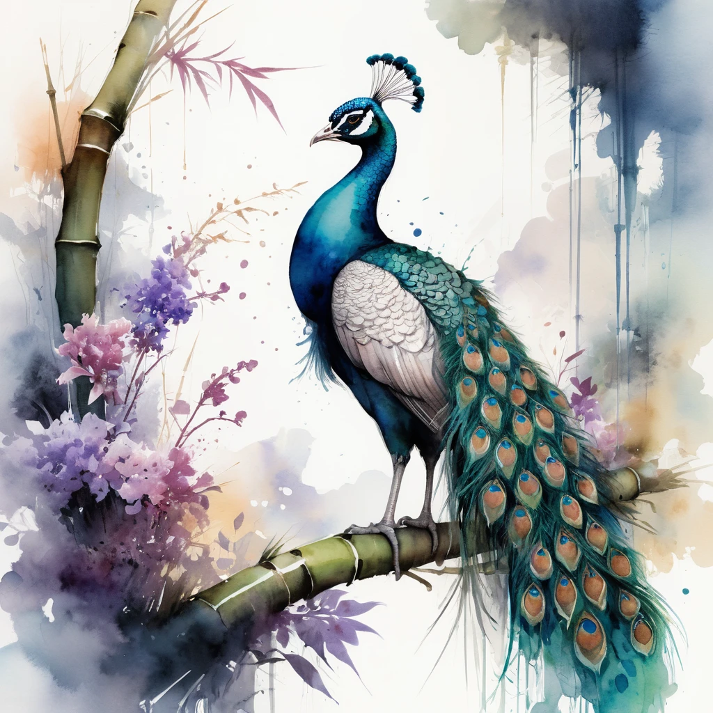 Peacock With Flowing Tail In Ink Wash Garden Scene