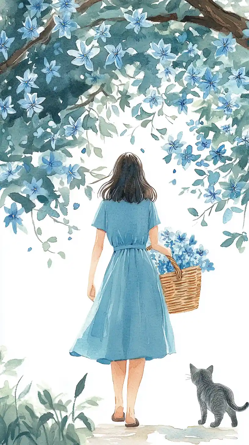 Girl in blue dress walking with cat under flowering tree