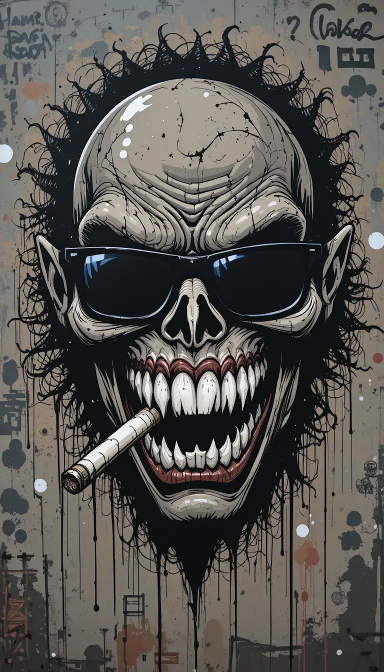 Volto di mostro graffiti con sorriso selvaggio e attitudine da strada