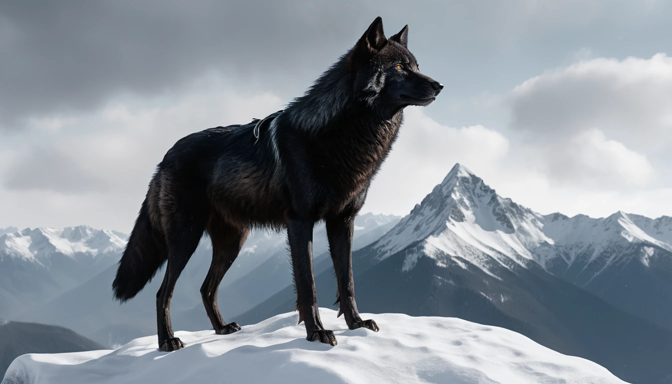 Black wolf on snowy peak with coat and silver pistol