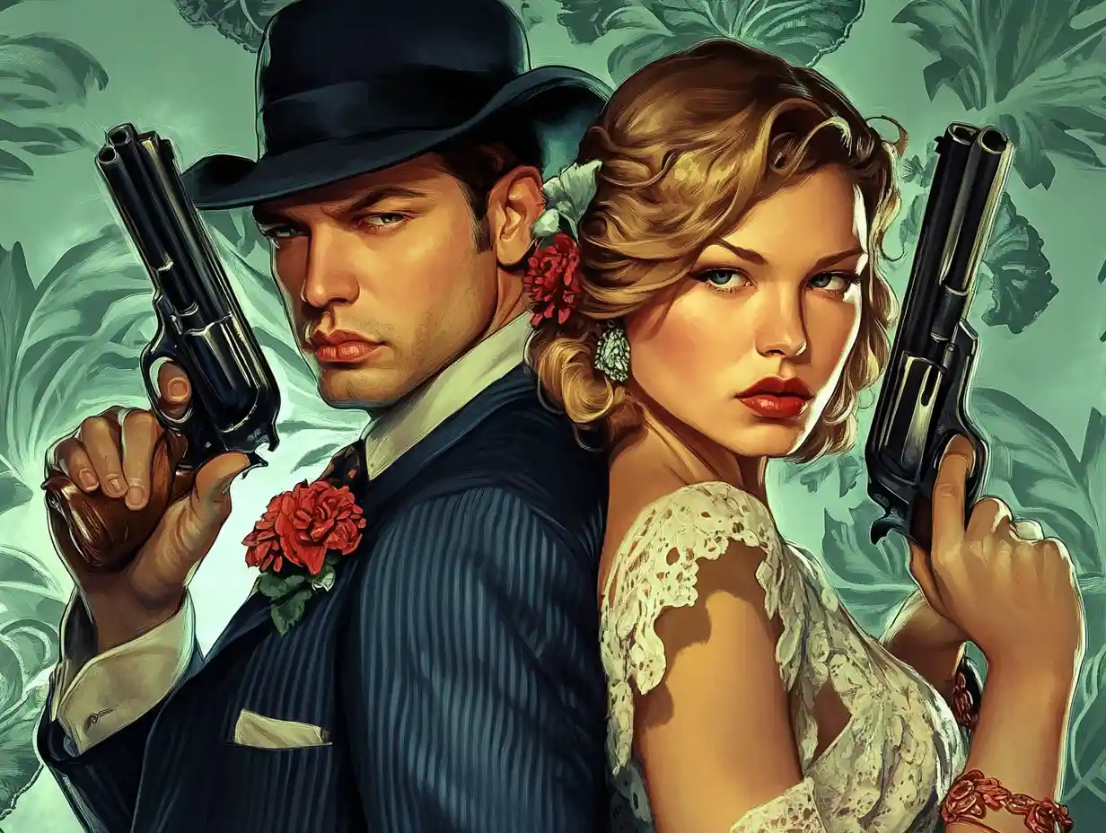 Ilustración digital romántica de una pareja de gánsteres con estilo