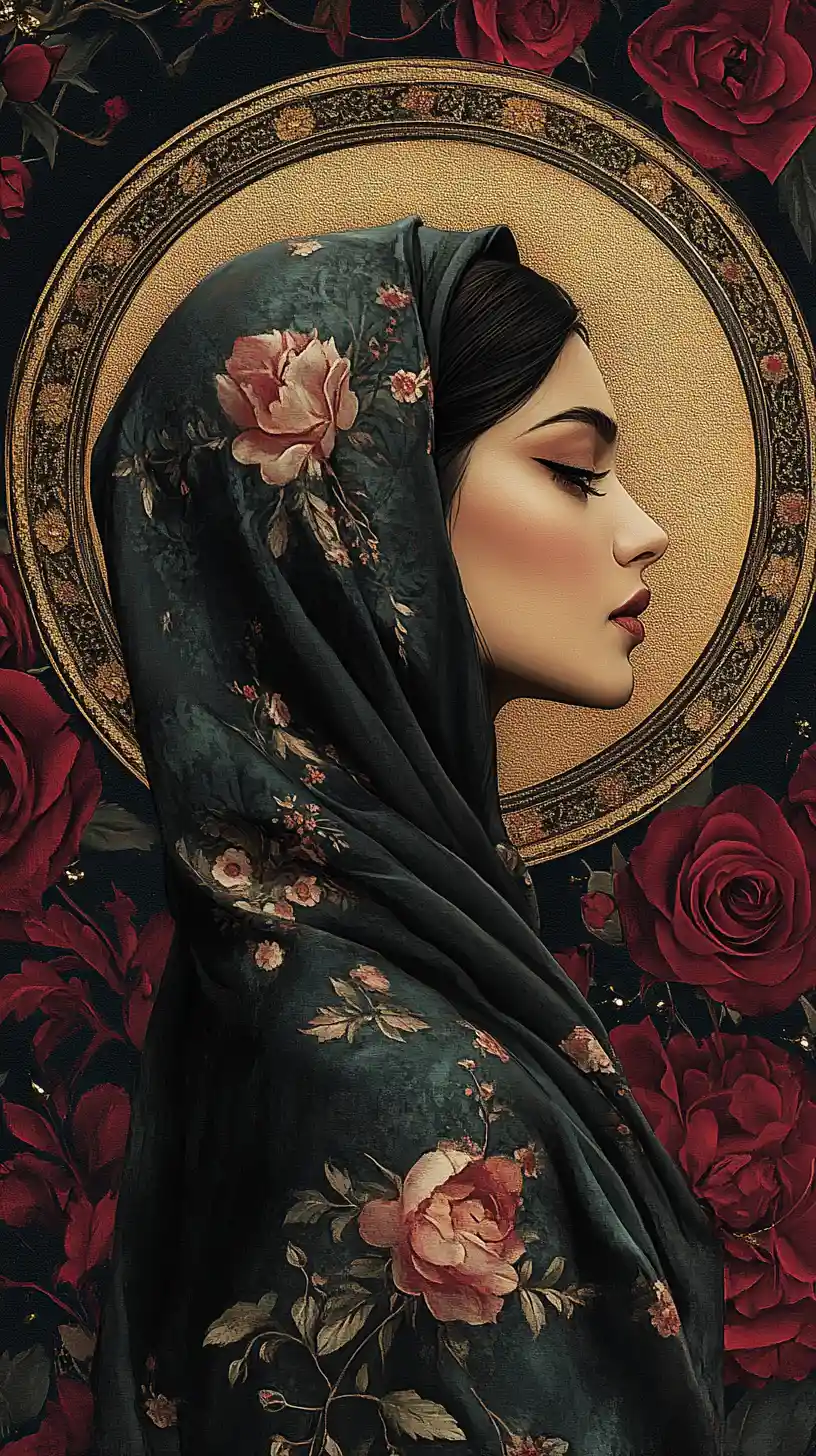 Serene Persian woman in profile with floral halo and roses