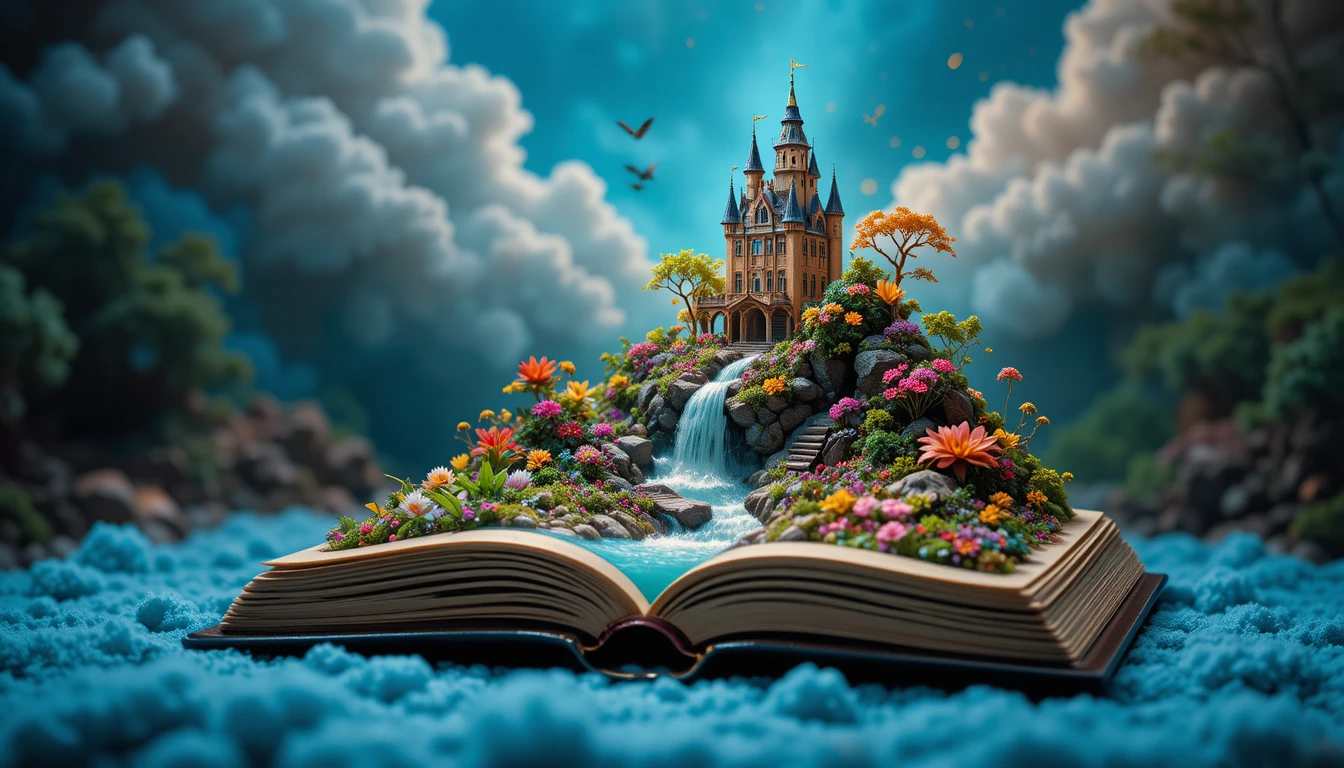 Miniature open book revealing a lush fairy tale garden