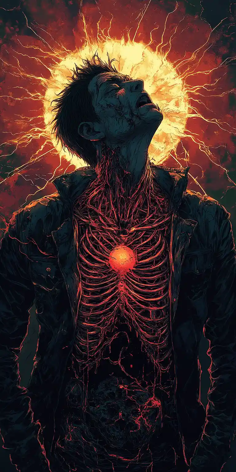 Brooding man in a jacket amid dark necropunk tones