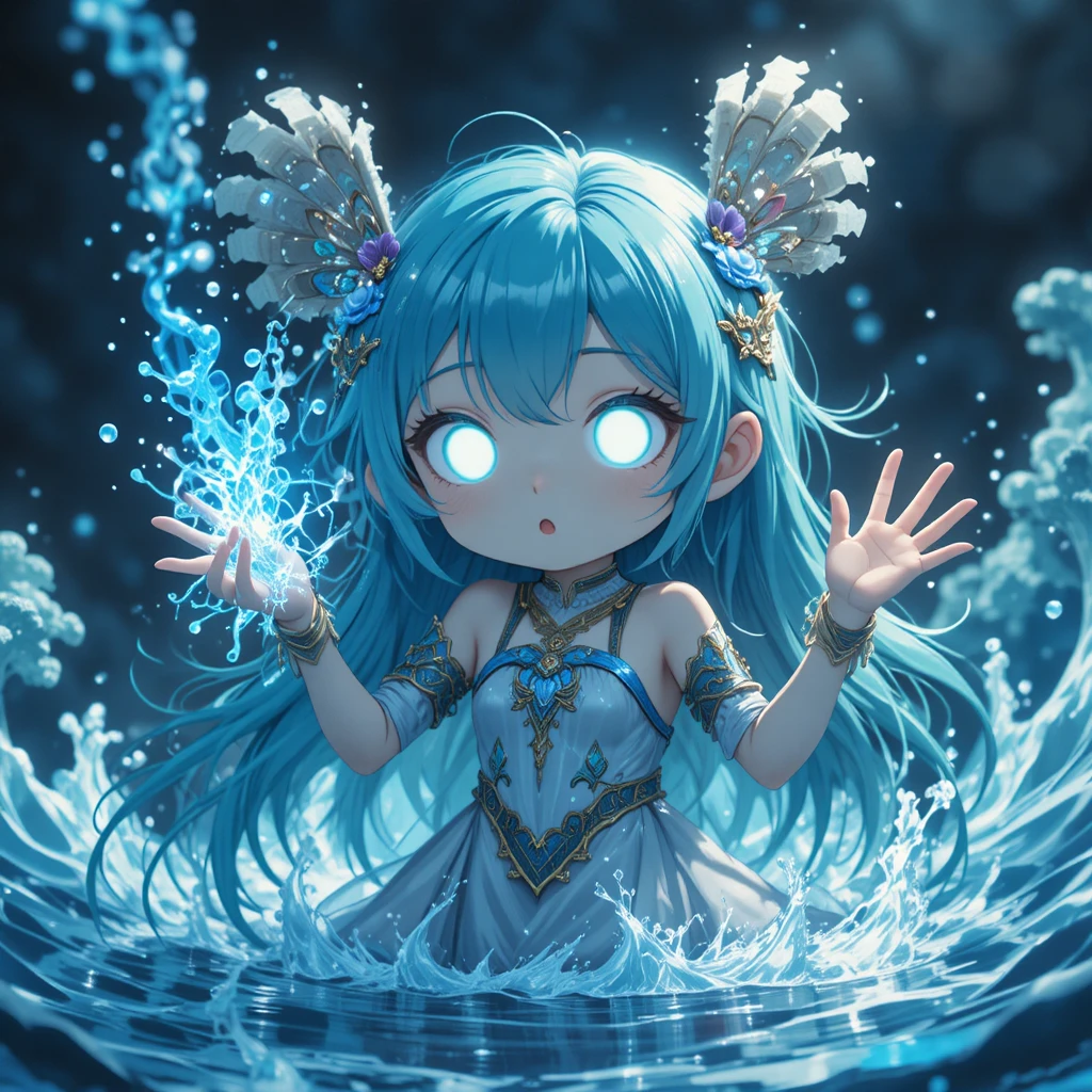 Anime water mage girl floating in a mystical ocean
