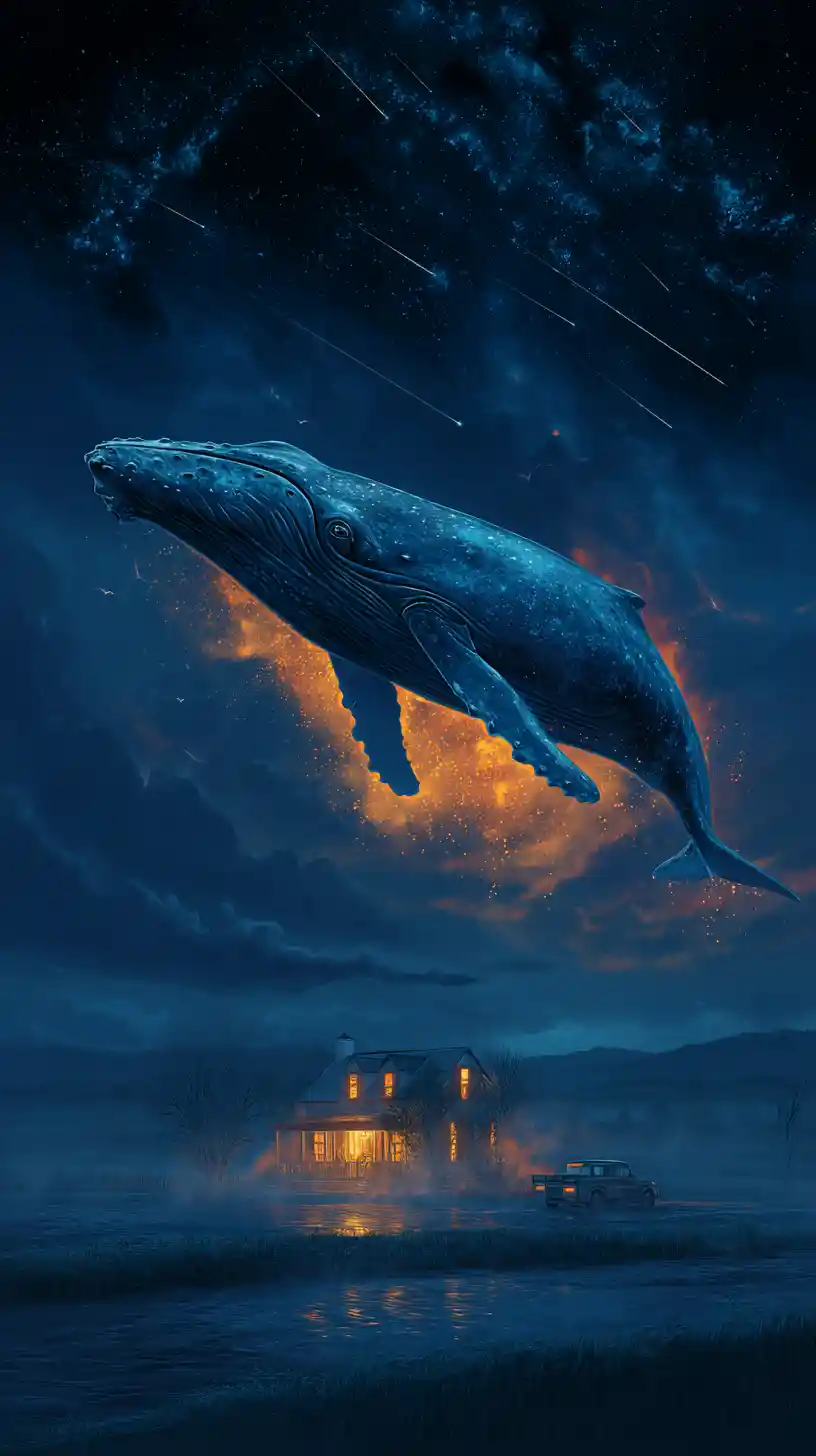 Balena blu che deriva in un cielo notturno stellato e luminoso
