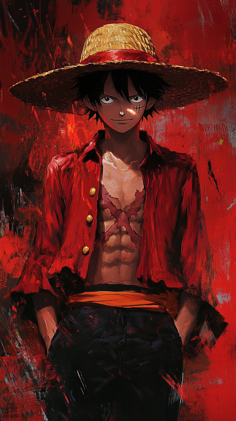 Straw hat anime hero in dramatic red portrait