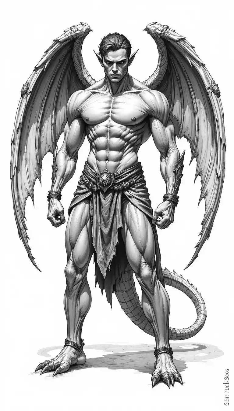 Winged gargoyle warrior in detailed pencil fantasy drawing