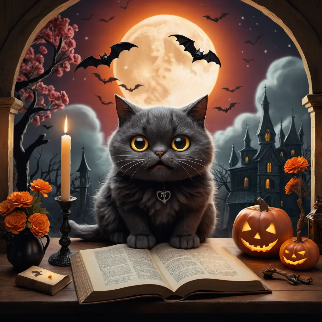 Calico cat watching a magical halloween village book