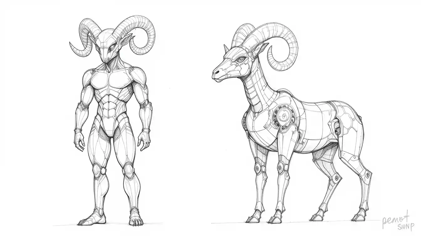 Pencil sketch of humanoid ram figure and quadruped creature