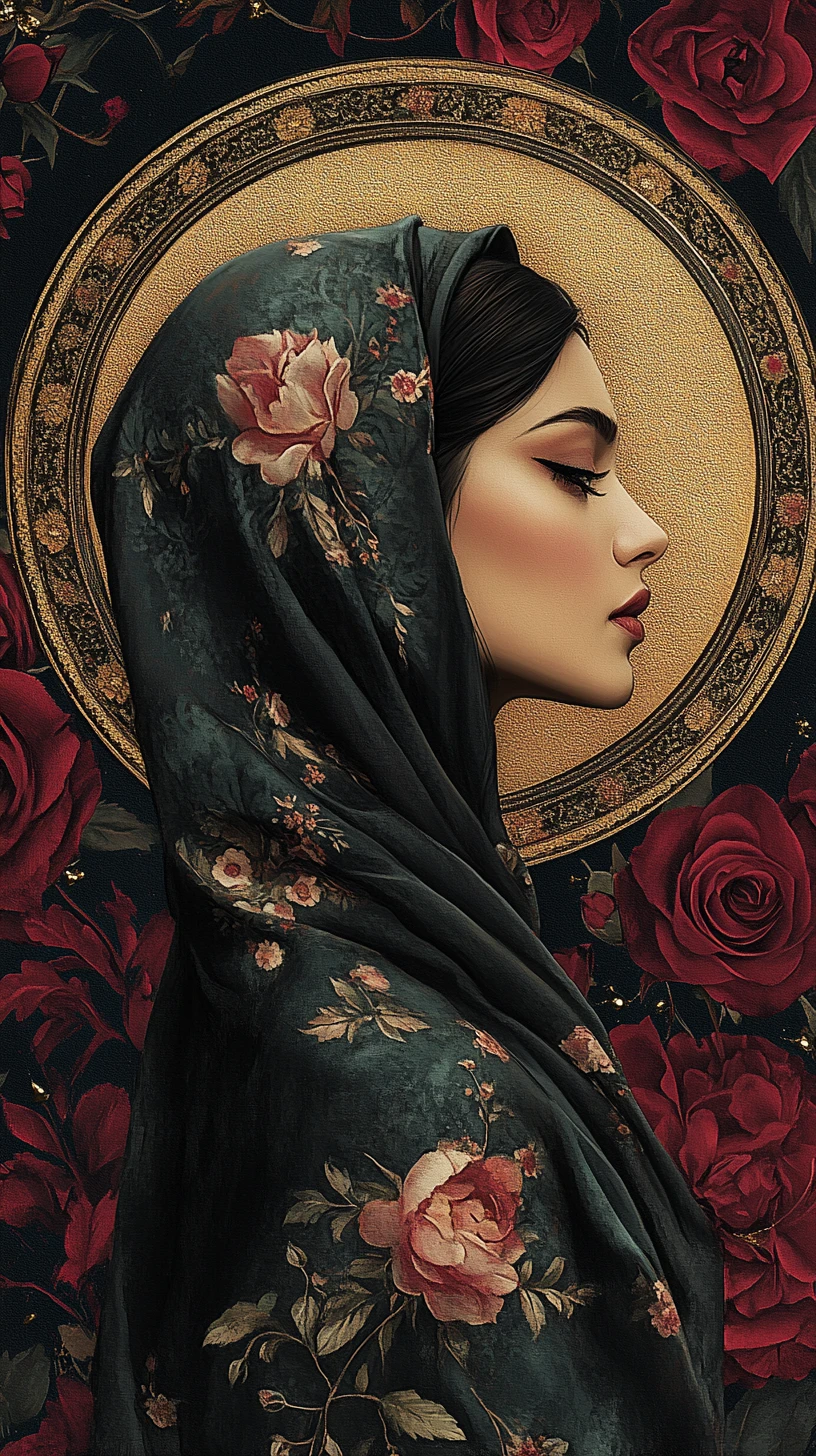 Serene Persian woman in profile with floral halo and roses
