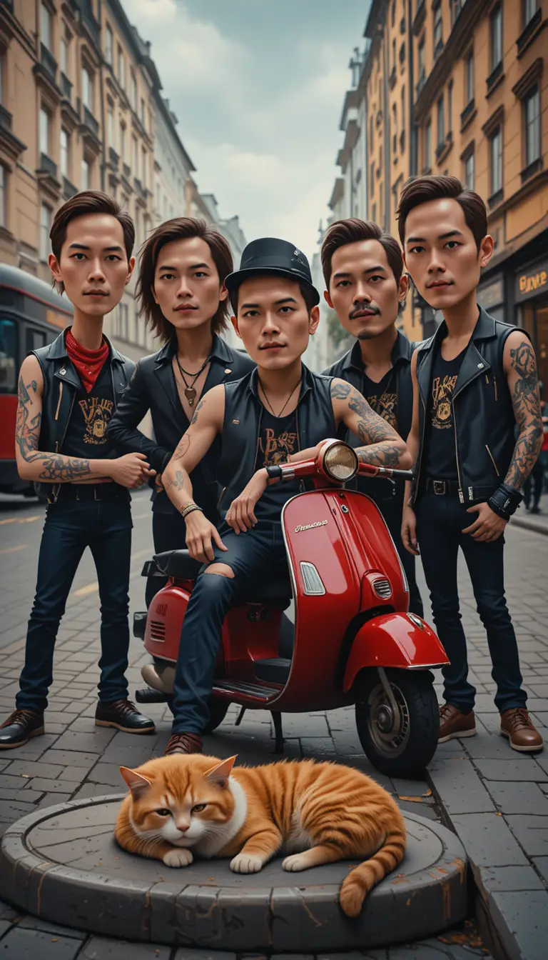 Rock band around red scooter on European city street