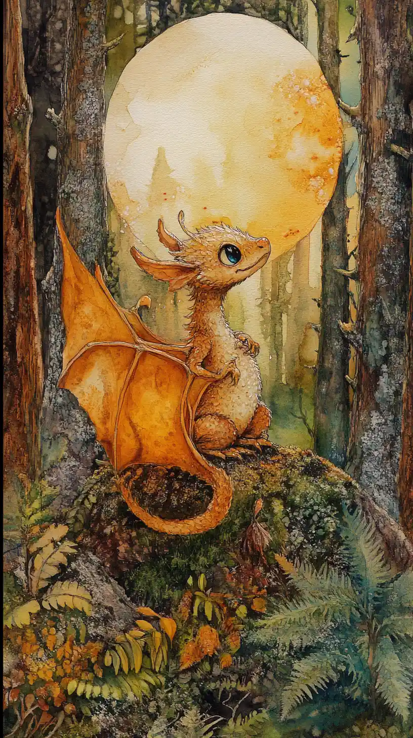 Cute baby dragon hatching from an egg in moonlit forest