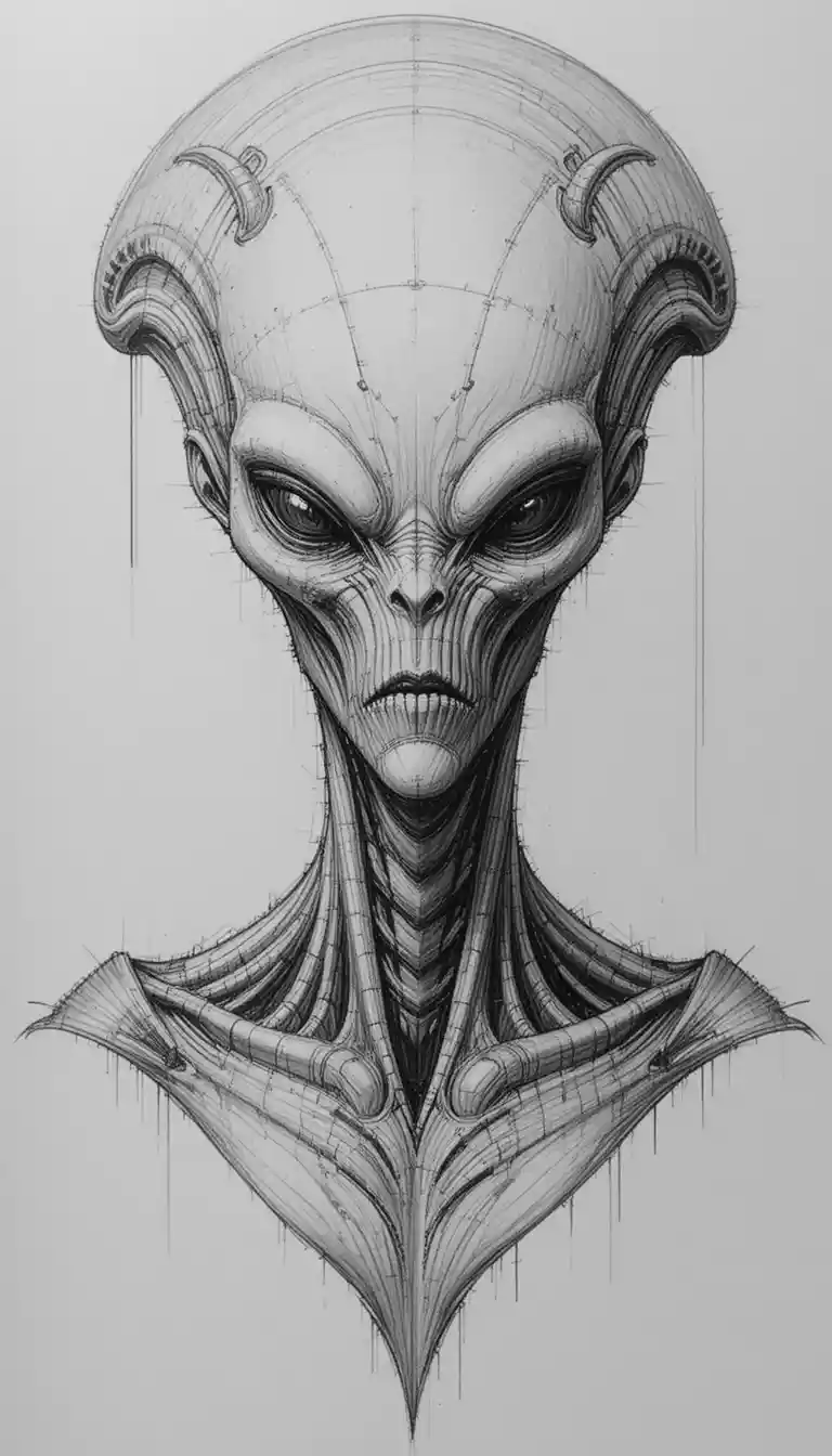 Bleistiftzeichnung einer unheilvollen Alien-Büste mit verlängertem Kopf