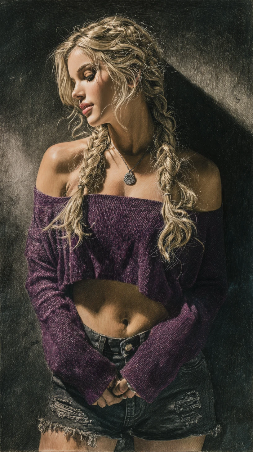 Braided blonde girl in purple sweater pencil portrait