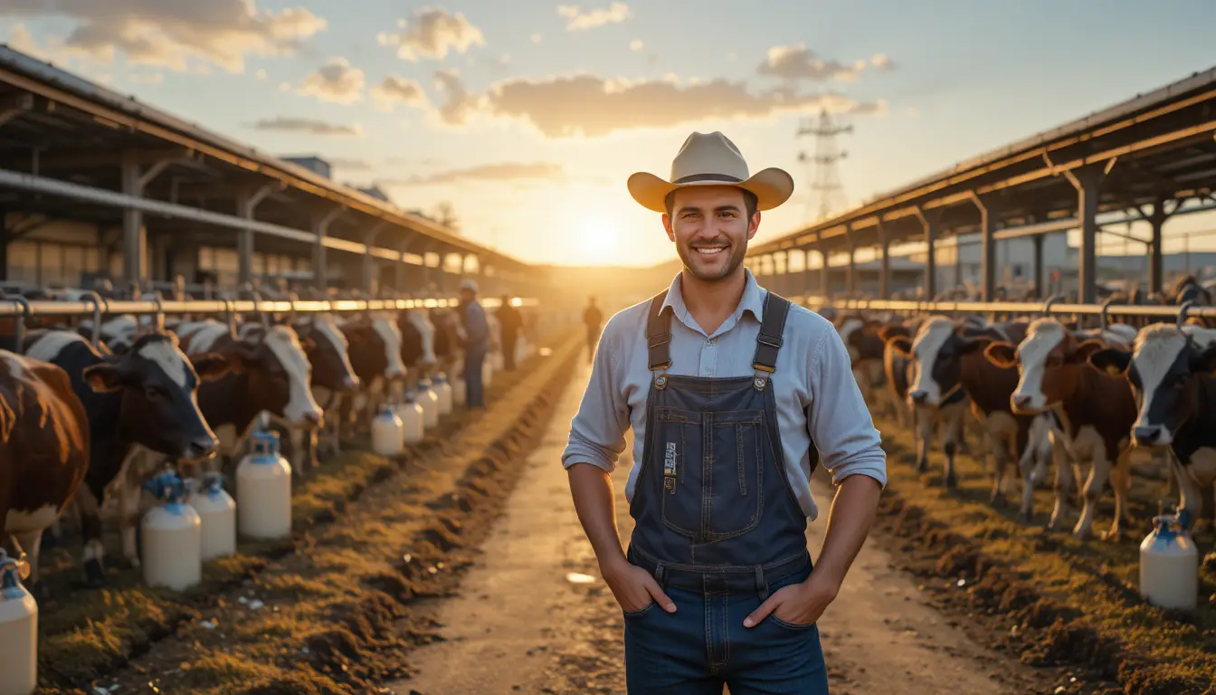 Proud dairy farmer standing before modern farm at sunrise