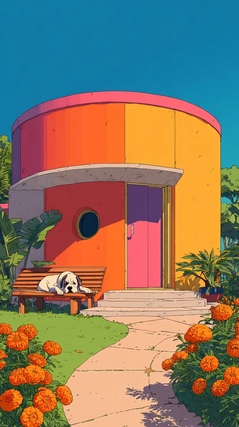 Jardín de casa redonda y colorida con perro San Bernardo durmiendo