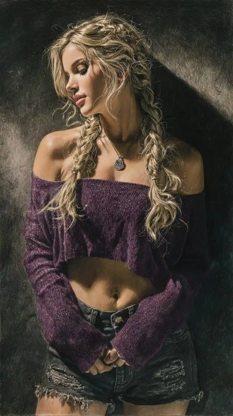 Braided blonde girl in purple sweater pencil portrait